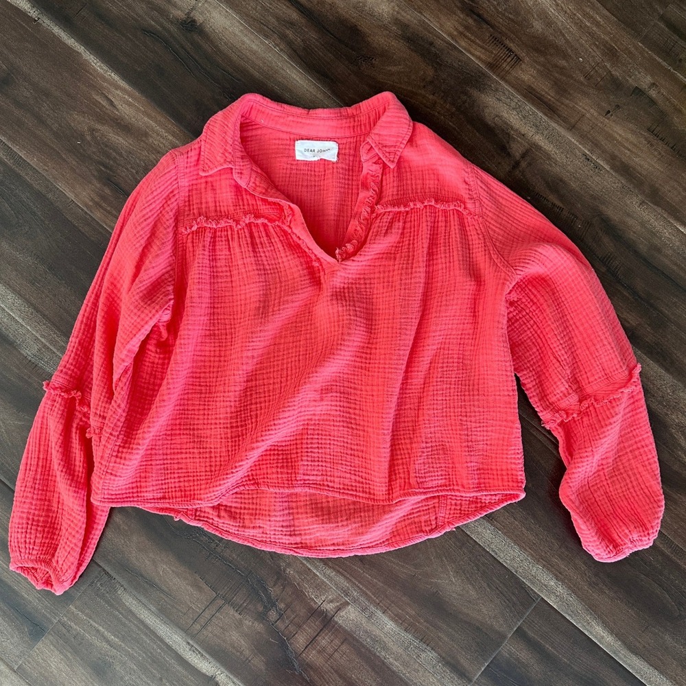 Dear John Coral Pink Cotton Gauze Blouse Split Neck Boho Top Small DSH1352C9 RDT